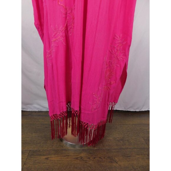 Kimono Cardigan Womens One Size Fuchsia Pink Embroidered Fringe Boho Duster - Picture 8 of 12